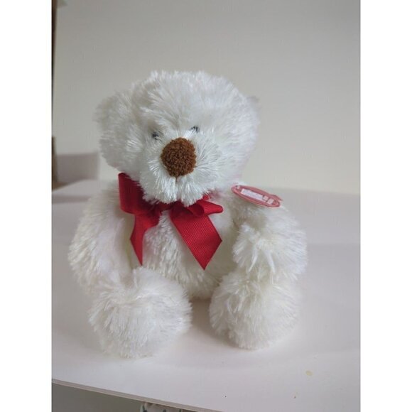 Plush white teddy bear with red bow - Picture 1 of 2